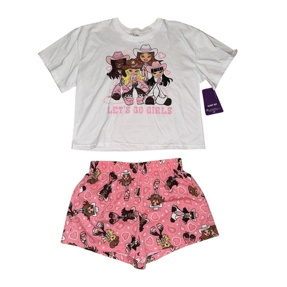 Bratz Let's Go Girls Cowgirl Pajama Set Womens L Pink Graphic T Shorts sleepover